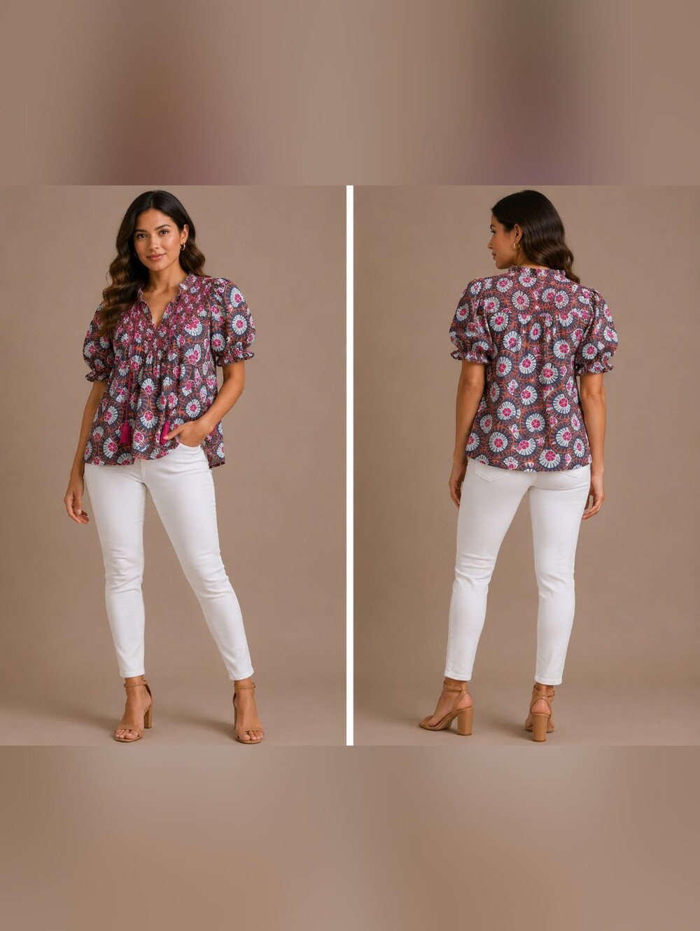 Floral Puff-Sleeve Peasant Blouse - Pink & Gray #B33
